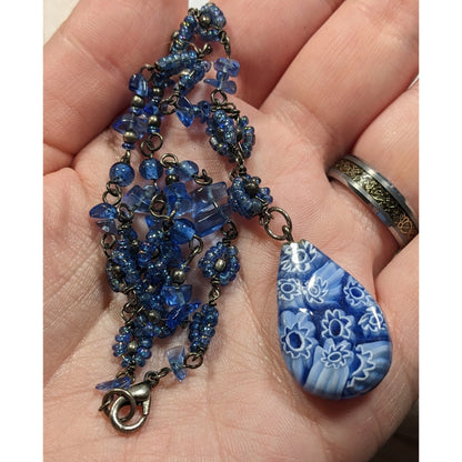 Handmade Blue Millefiori Glass Teardrop Pendant Necklace