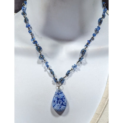 Handmade Blue Millefiori Glass Teardrop Pendant Necklace