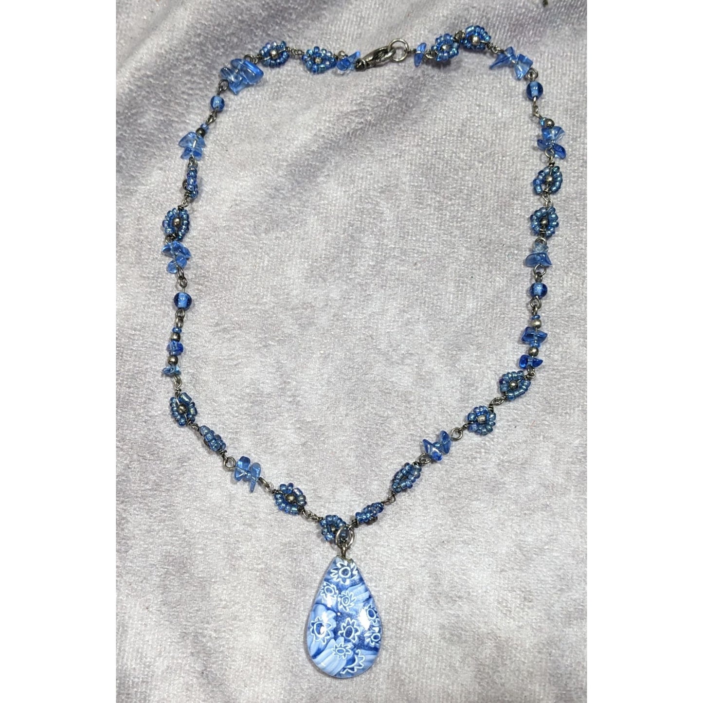 Handmade Blue Millefiori Glass Teardrop Pendant Necklace