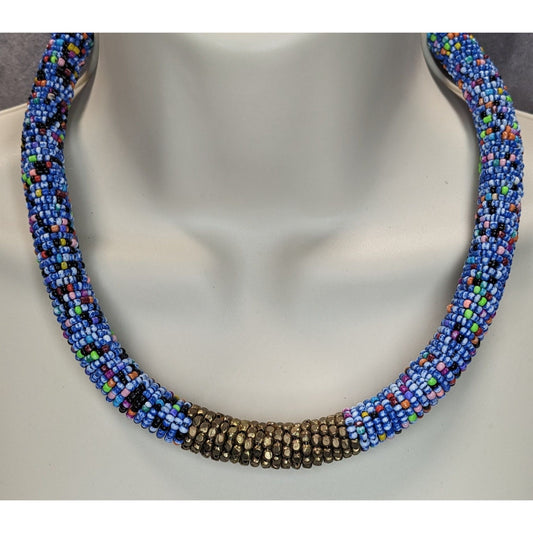 Vintage Boho Eclectic Blue Multicolor Seed Bead Tube Statement Necklace