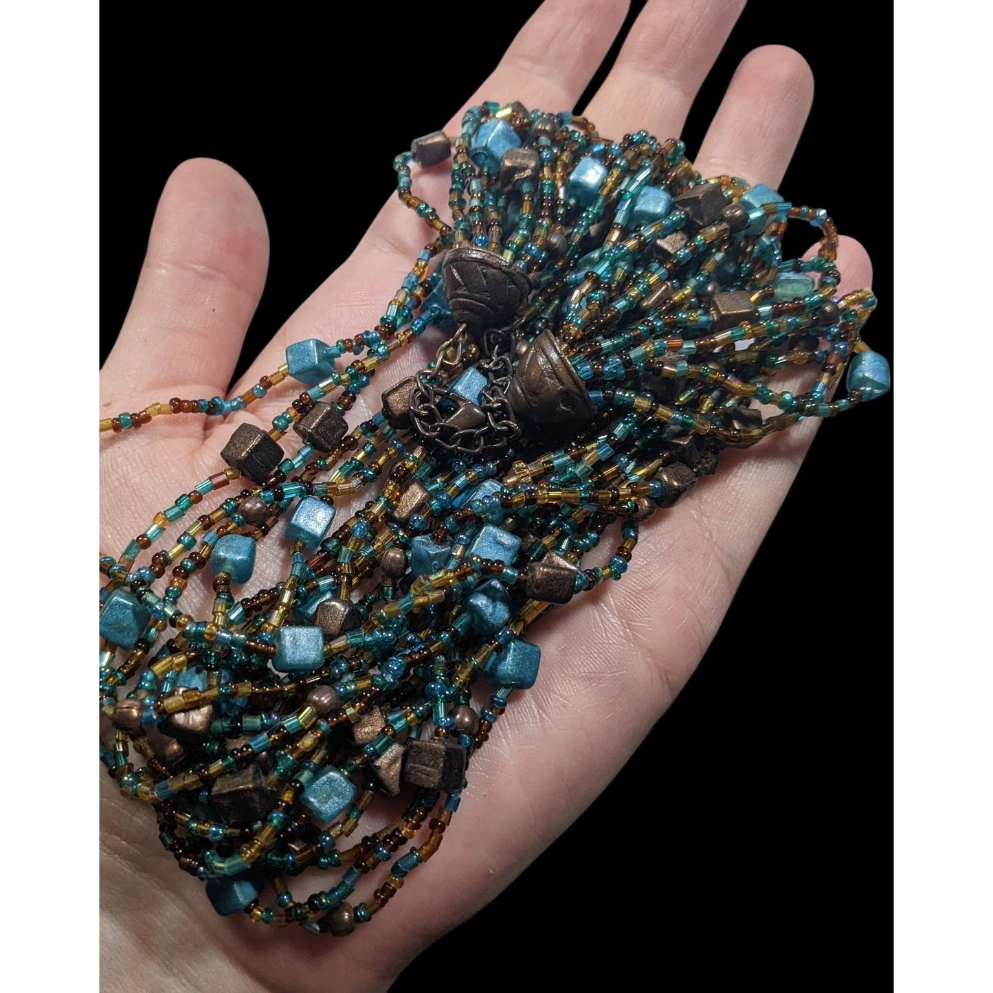 Mermaidcore Retro Brown And Blue Glass And Shell Torsade Necklace
