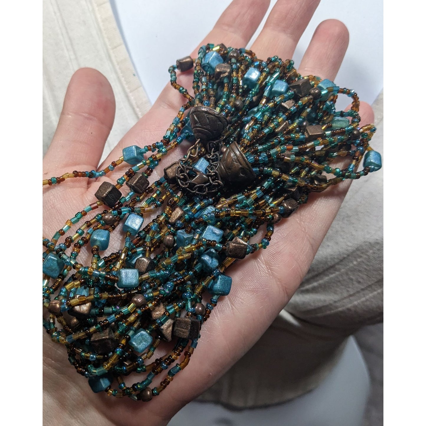 Mermaidcore Retro Brown And Blue Glass And Shell Torsade Necklace