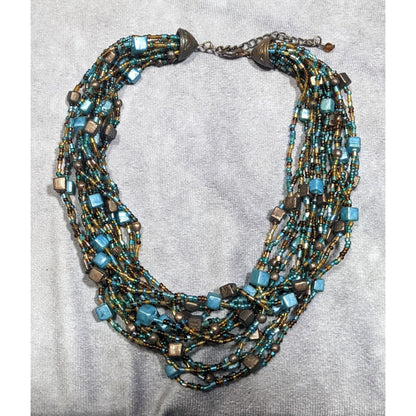 Mermaidcore Retro Brown And Blue Glass And Shell Torsade Necklace