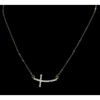 Sideways Rhinestone Cross Necklace Gold Tone Religious Glam Dainty Jewelry