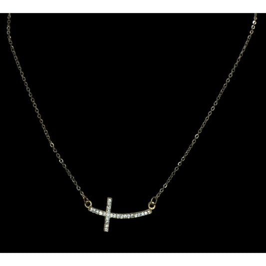 Sideways Rhinestone Cross Necklace Gold Tone Religious Glam Dainty Jewelry