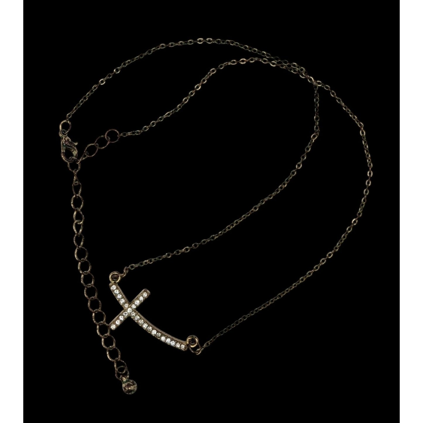 Sideways Rhinestone Cross Necklace Gold Tone Religious Glam Dainty Jewelry