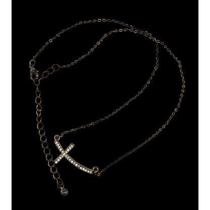 Sideways Rhinestone Cross Necklace Gold Tone Religious Glam Dainty Jewelry