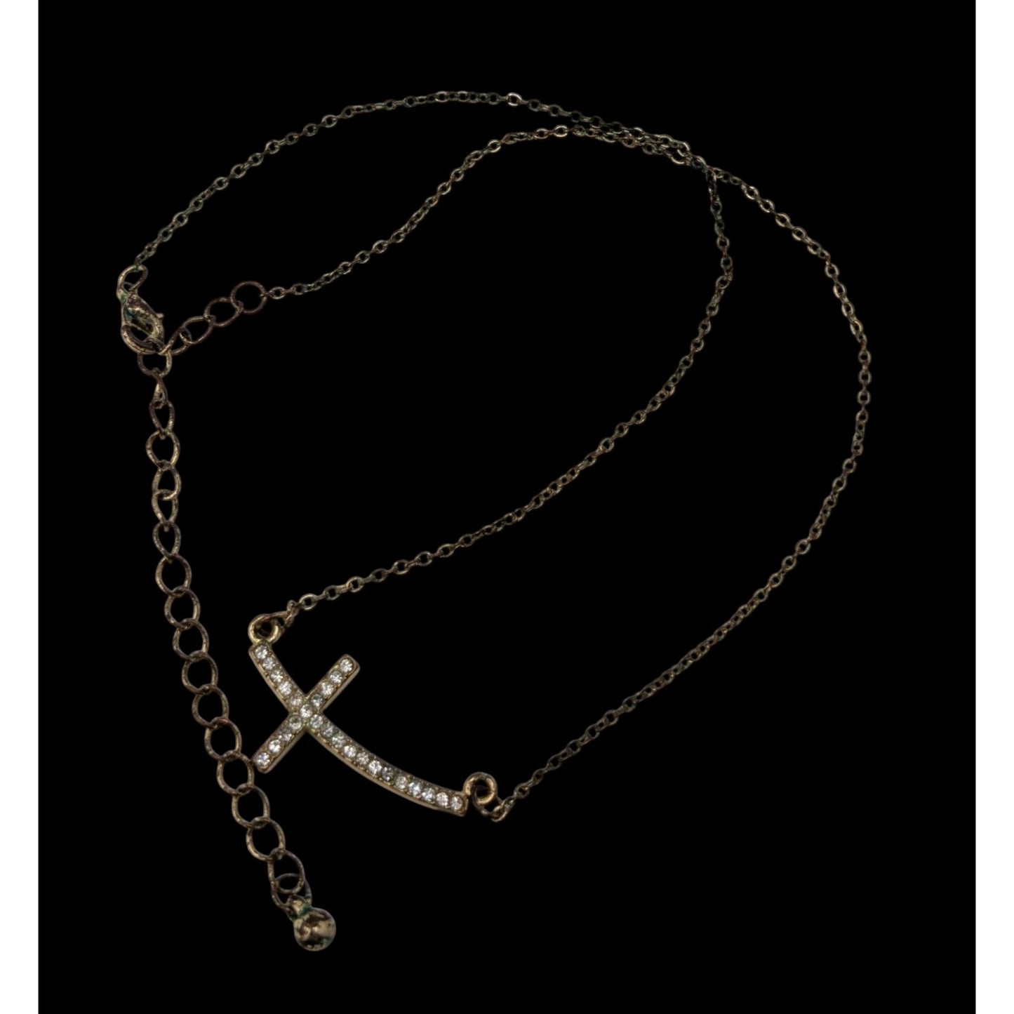Sideways Rhinestone Cross Necklace Gold Tone Religious Glam Dainty Jewelry