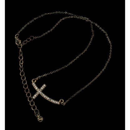 Sideways Rhinestone Cross Necklace Gold Tone Religious Glam Dainty Jewelry