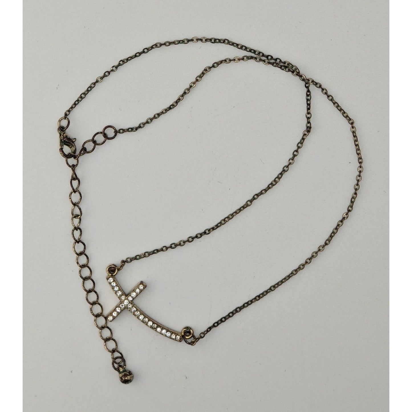 Sideways Rhinestone Cross Necklace Gold Tone Religious Glam Dainty Jewelry