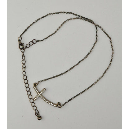 Sideways Rhinestone Cross Necklace Gold Tone Religious Glam Dainty Jewelry