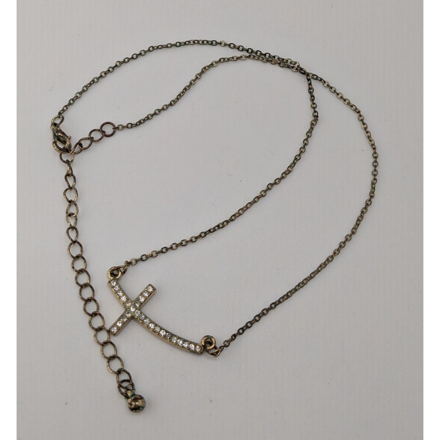Sideways Rhinestone Cross Necklace Gold Tone Religious Glam Dainty Jewelry
