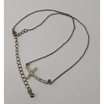 Sideways Rhinestone Cross Necklace Gold Tone Religious Glam Dainty Jewelry