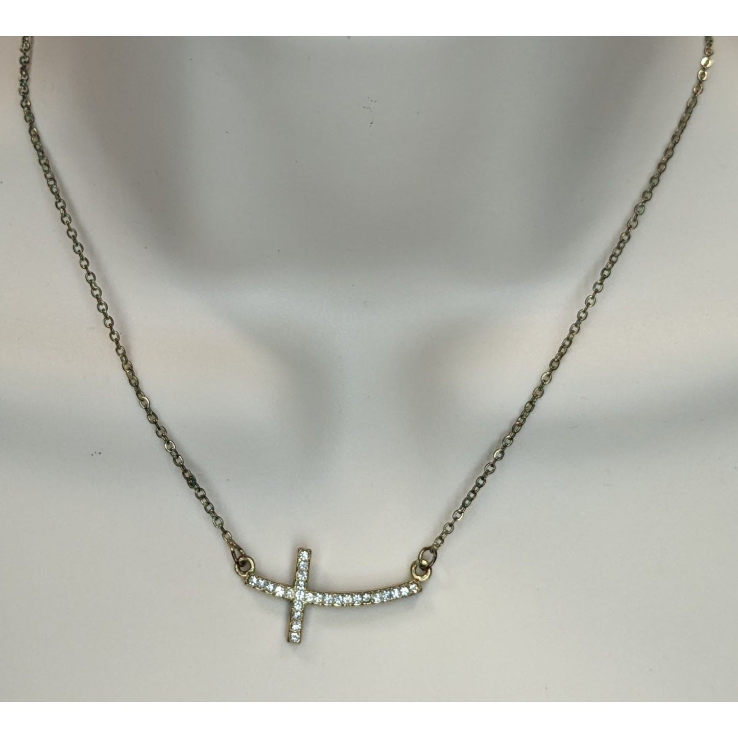 Sideways Rhinestone Cross Necklace Gold Tone Religious Glam Dainty Jewelry