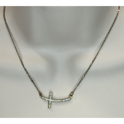 Sideways Rhinestone Cross Necklace Gold Tone Religious Glam Dainty Jewelry