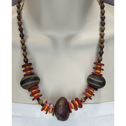 Boho Tribal Vintage Refined Kola Nut Wood Beaded Statement Necklace Earthy Artisan