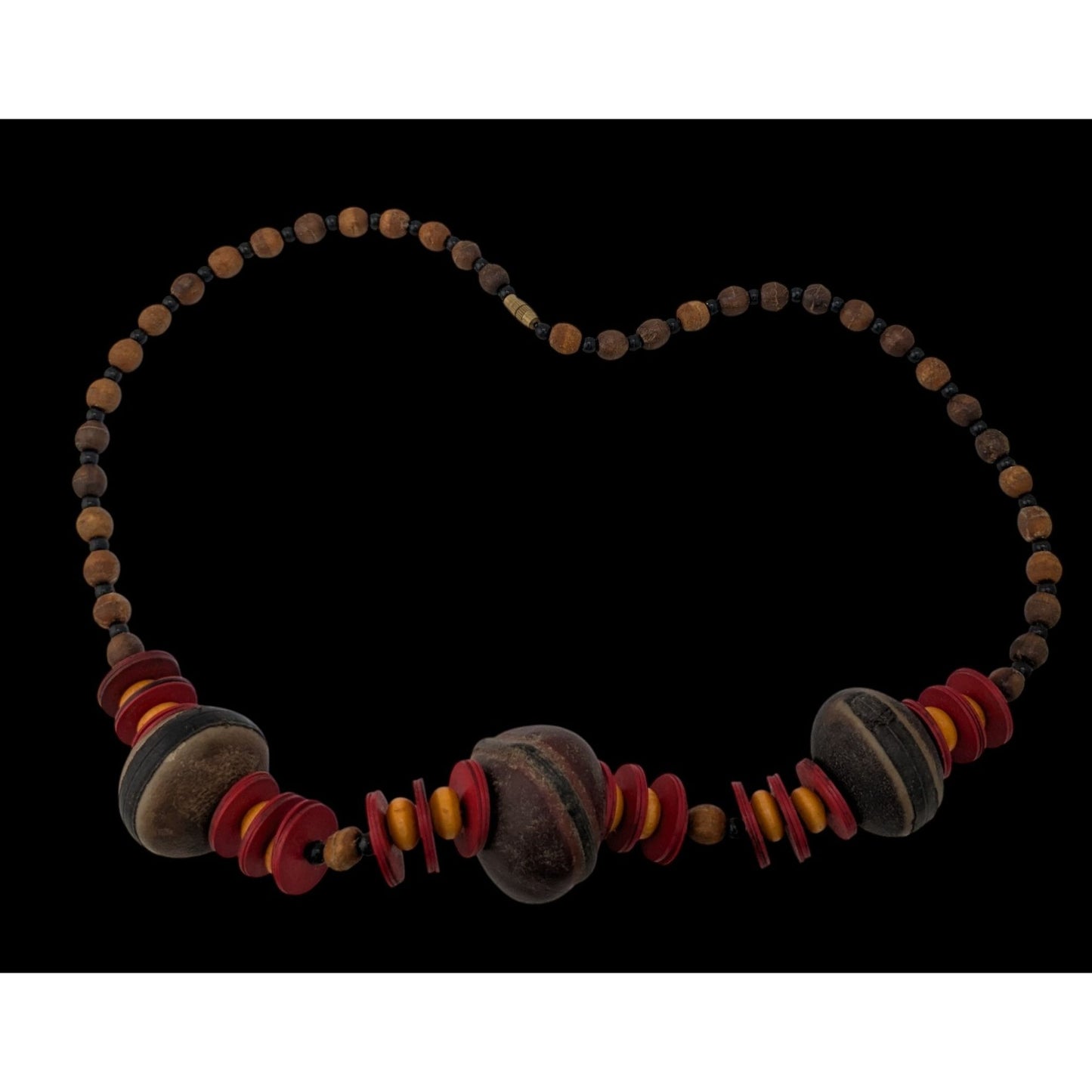 Boho Tribal Vintage Refined Kola Nut Wood Beaded Statement Necklace Earthy Artisan