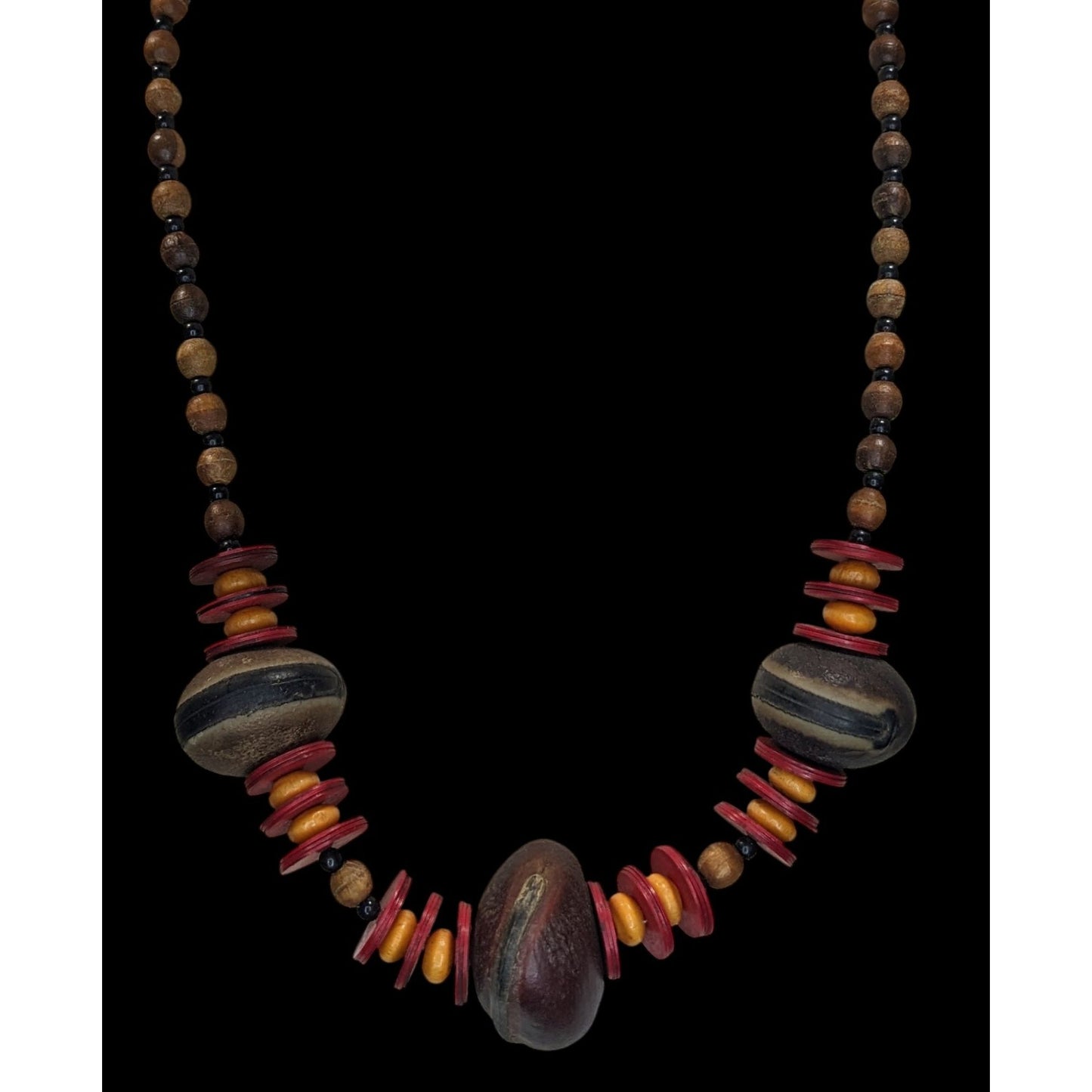 Boho Tribal Vintage Refined Kola Nut Wood Beaded Statement Necklace Earthy Artisan