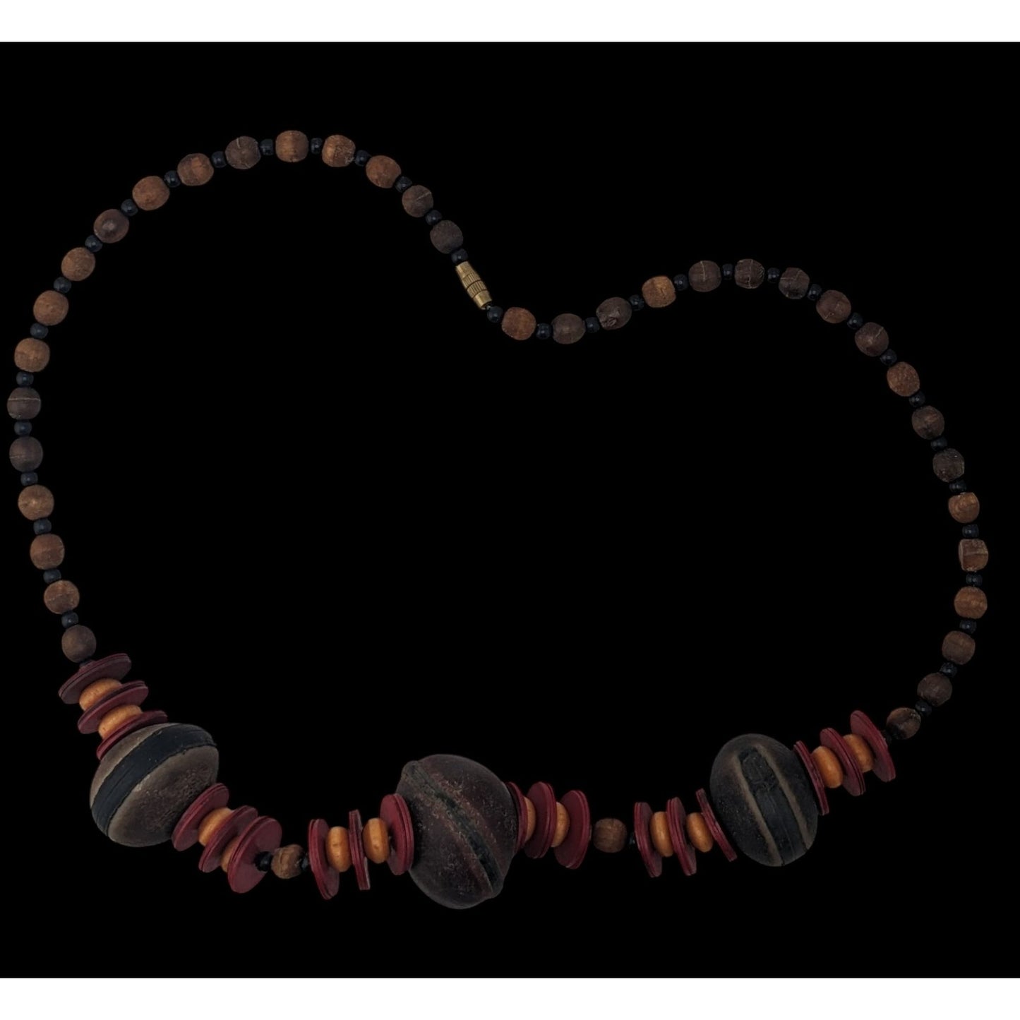 Boho Tribal Vintage Refined Kola Nut Wood Beaded Statement Necklace Earthy Artisan