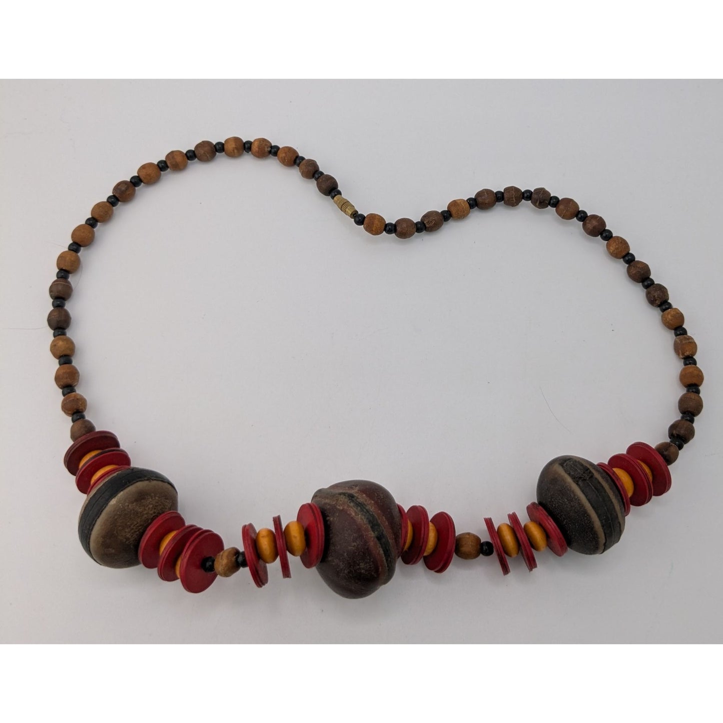 Boho Tribal Vintage Refined Kola Nut Wood Beaded Statement Necklace Earthy Artisan