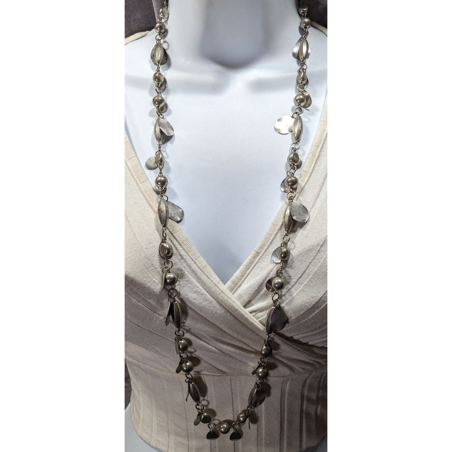 Abstract Metallic Bead Chain And Charm Necklace Silver Tone