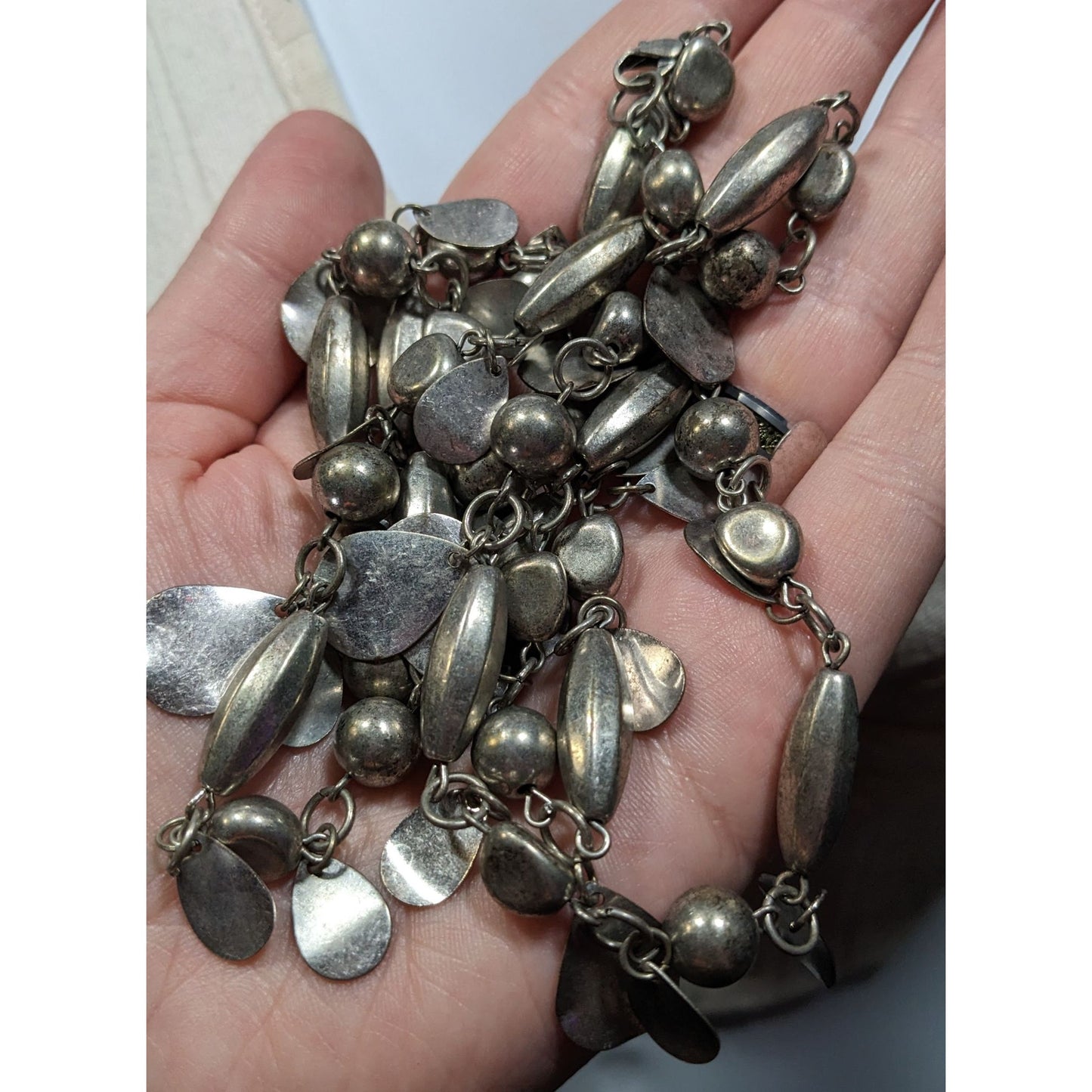 Abstract Metallic Bead Chain And Charm Necklace Silver Tone