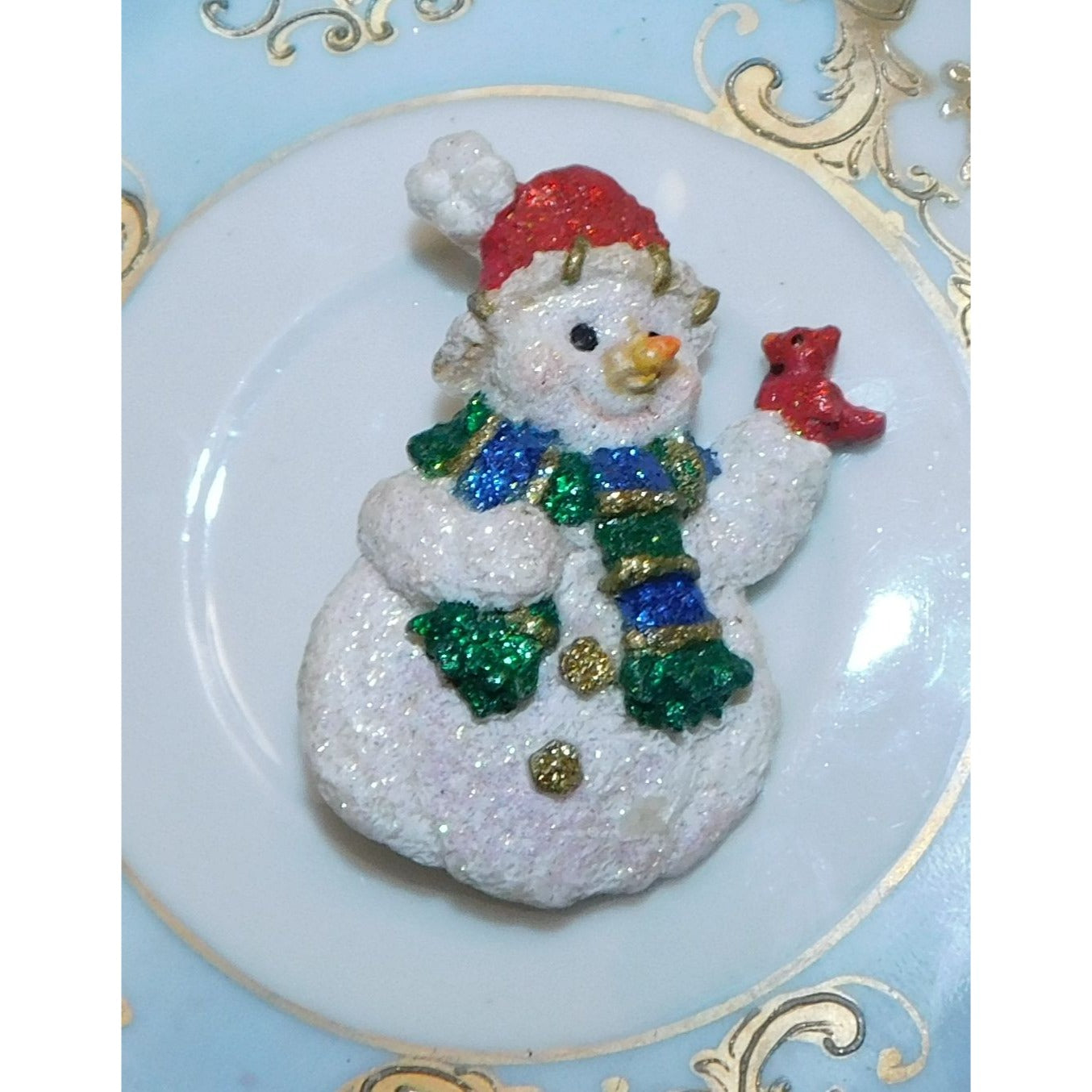 Vintage 90s Glitter Snowman Winter Brooch