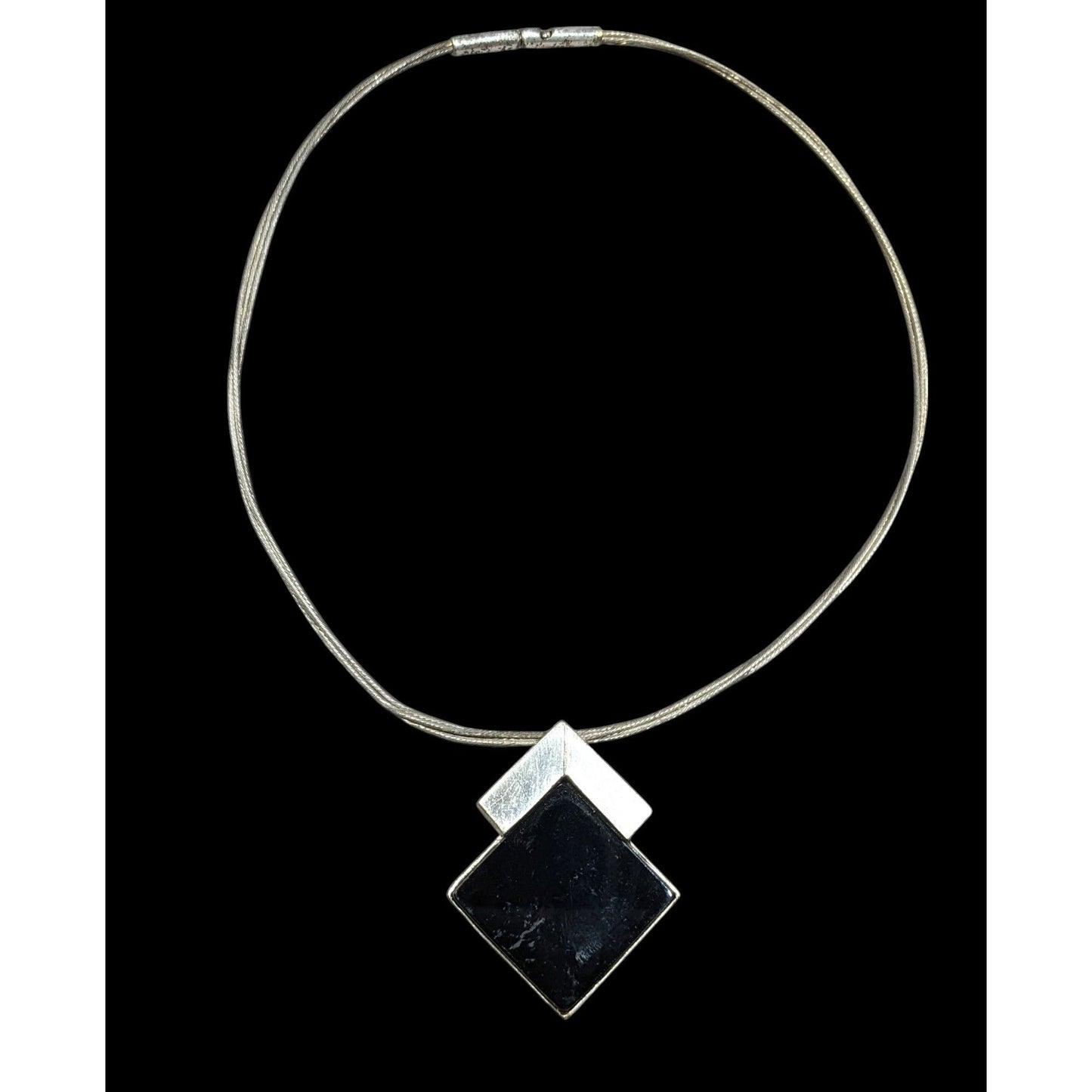 Unique Art Deco Black And Silver Tone Pendant Necklace Signed Lee Holte