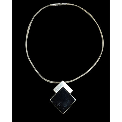 Unique Art Deco Black And Silver Tone Pendant Necklace Signed Lee Holte