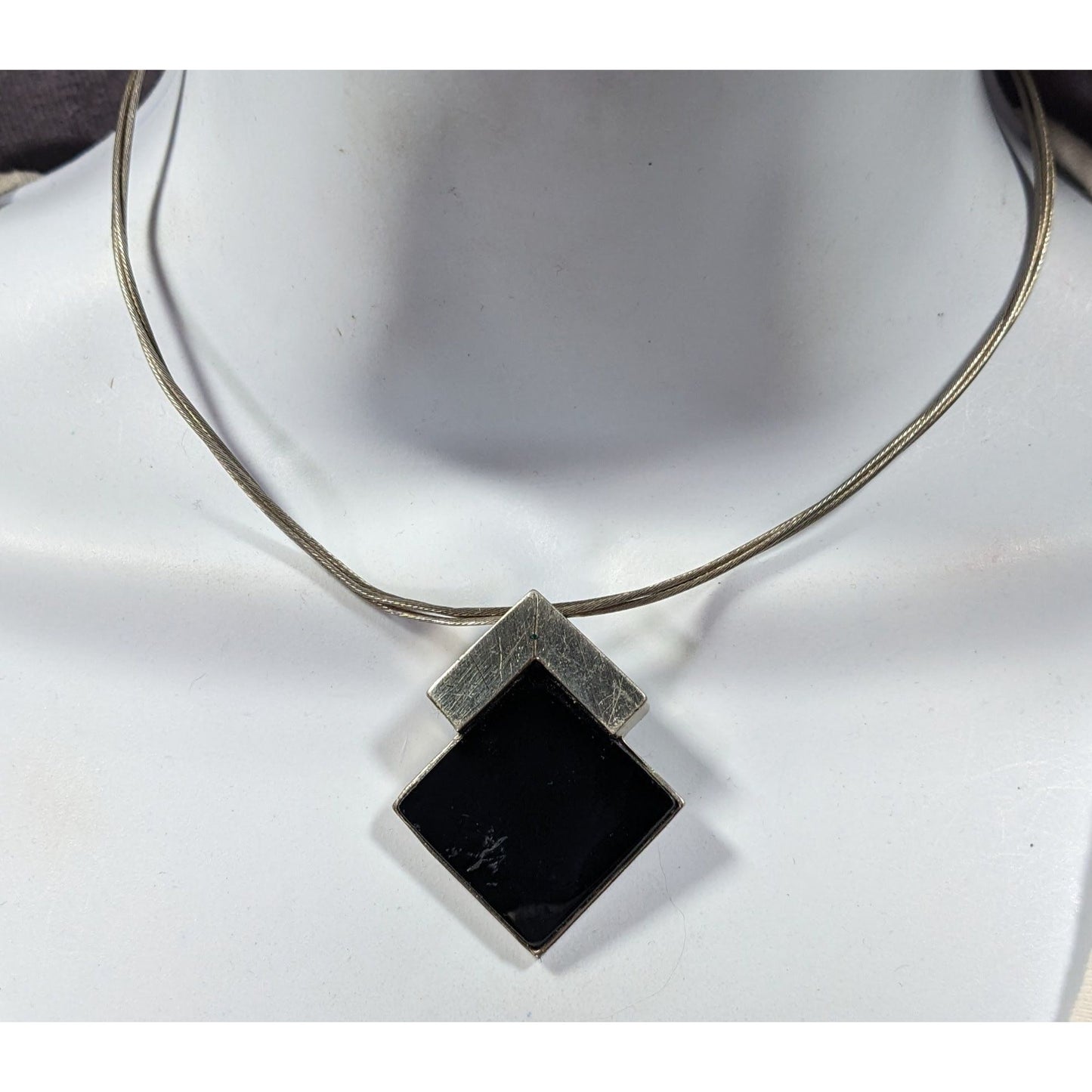 Unique Art Deco Black And Silver Tone Pendant Necklace Signed Lee Holte