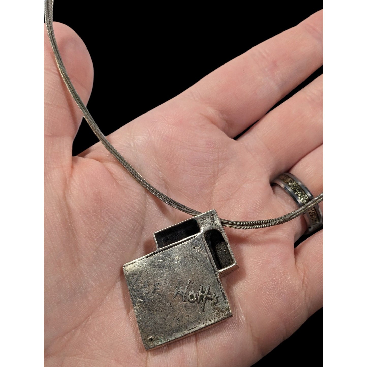 Unique Art Deco Black And Silver Tone Pendant Necklace Signed Lee Holte