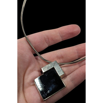 Unique Art Deco Black And Silver Tone Pendant Necklace Signed Lee Holte