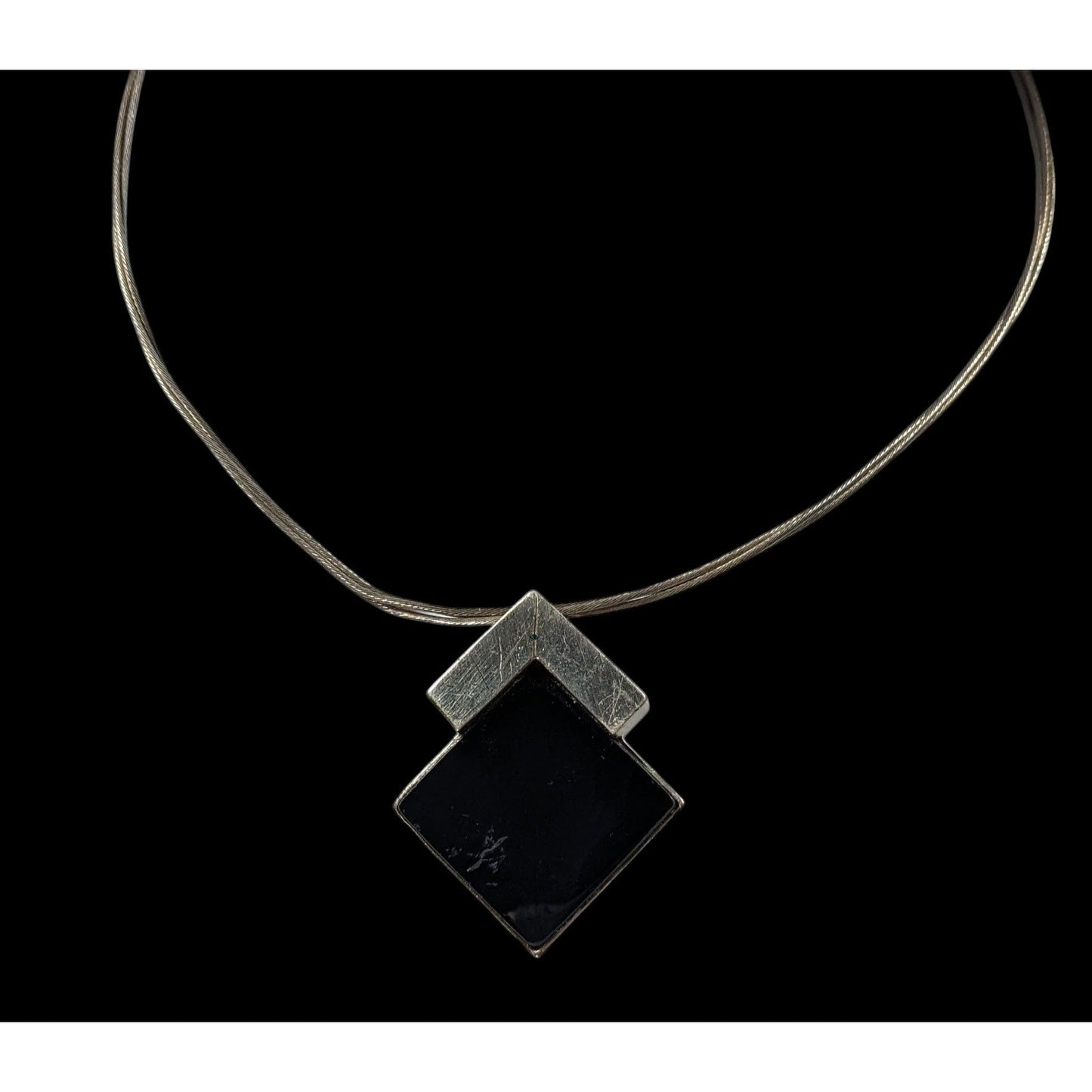 Unique Art Deco Black And Silver Tone Pendant Necklace Signed Lee Holte
