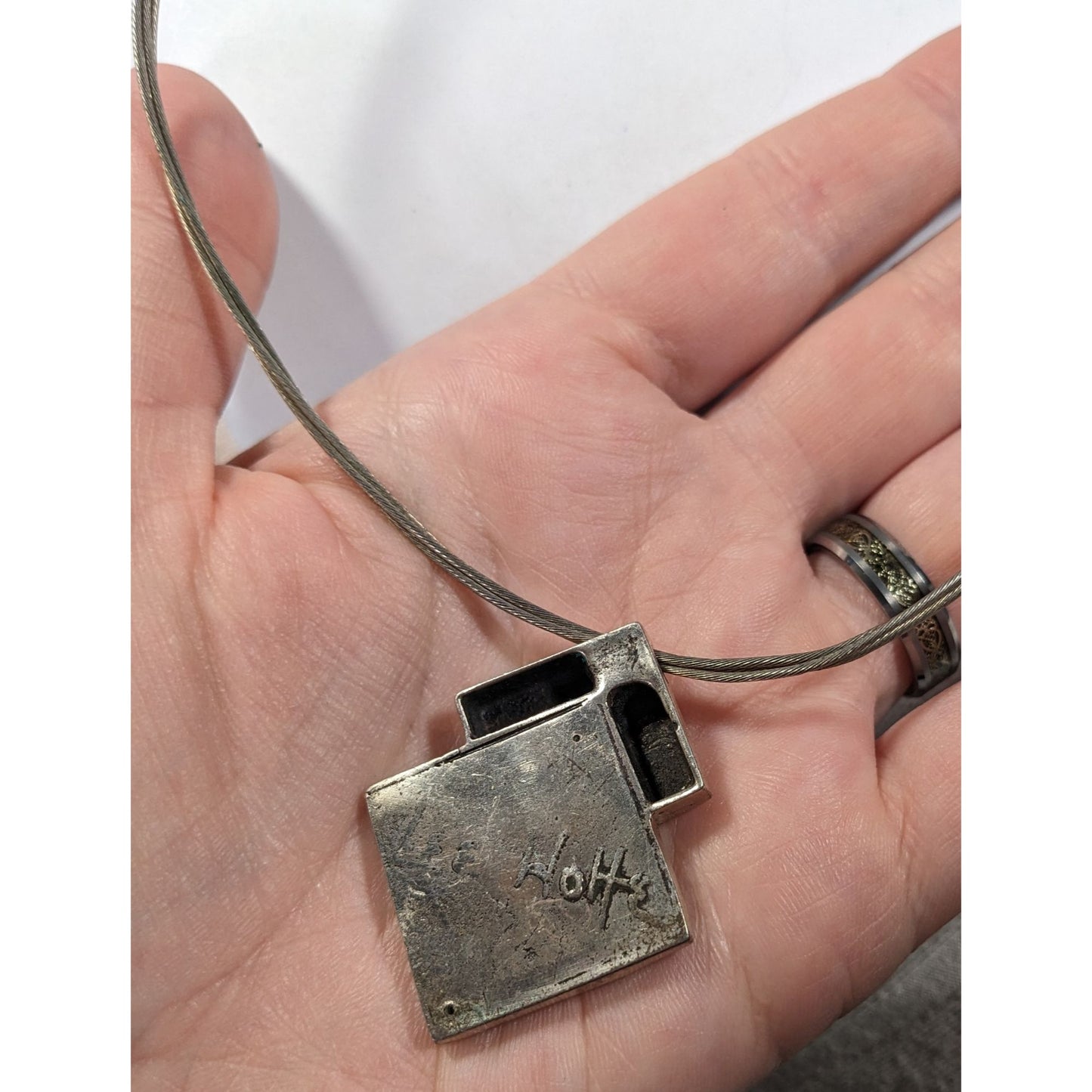 Unique Art Deco Black And Silver Tone Pendant Necklace Signed Lee Holte