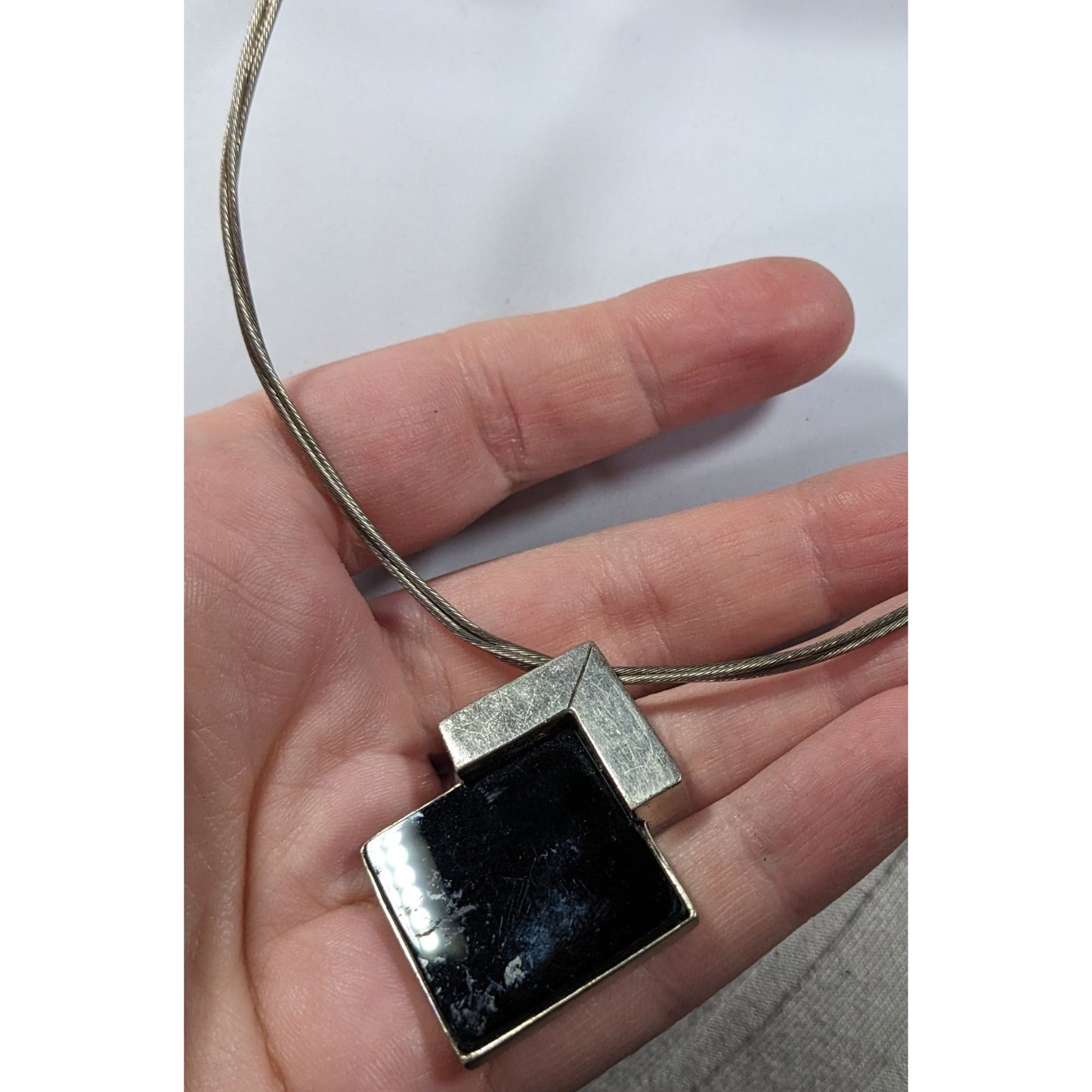 Unique Art Deco Black And Silver Tone Pendant Necklace Signed Lee Holte