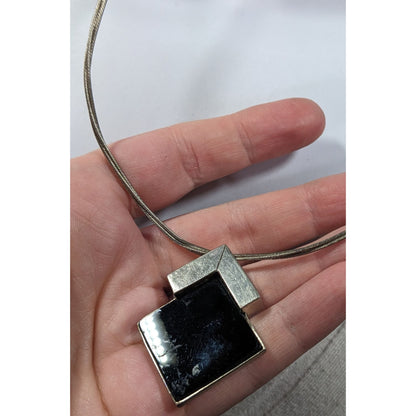 Unique Art Deco Black And Silver Tone Pendant Necklace Signed Lee Holte