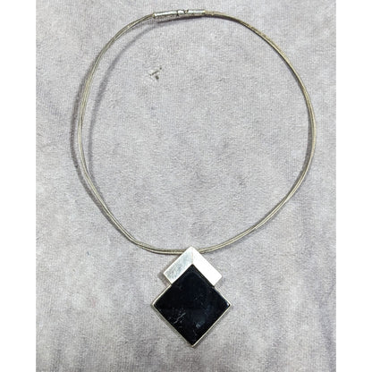 Unique Art Deco Black And Silver Tone Pendant Necklace Signed Lee Holte