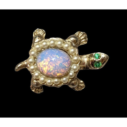 Vintage Faux Opal Seed Pearl Turtle Brooch