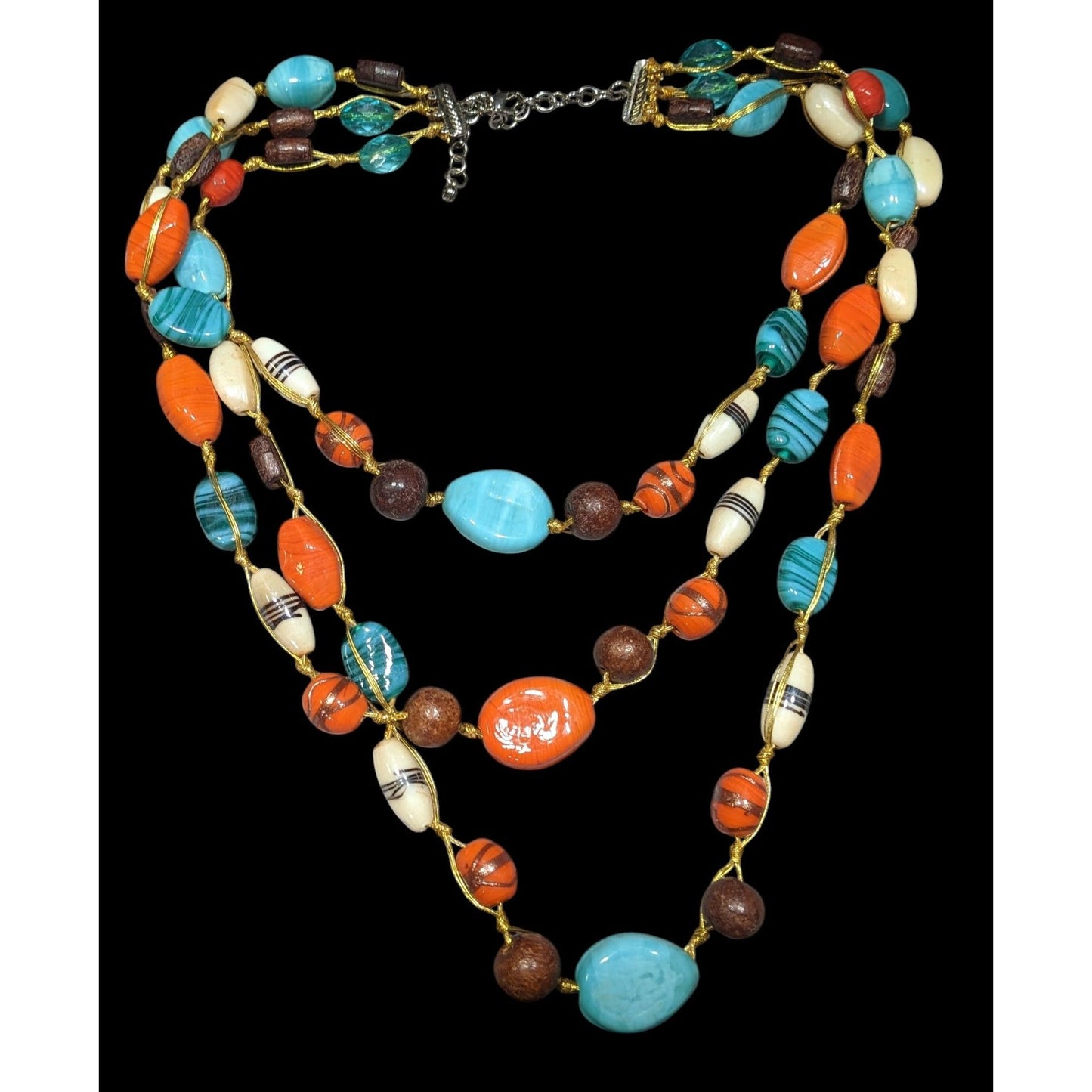 Bohemian Multilayer Blue And Orange Glass And Wood Beaded Necklace