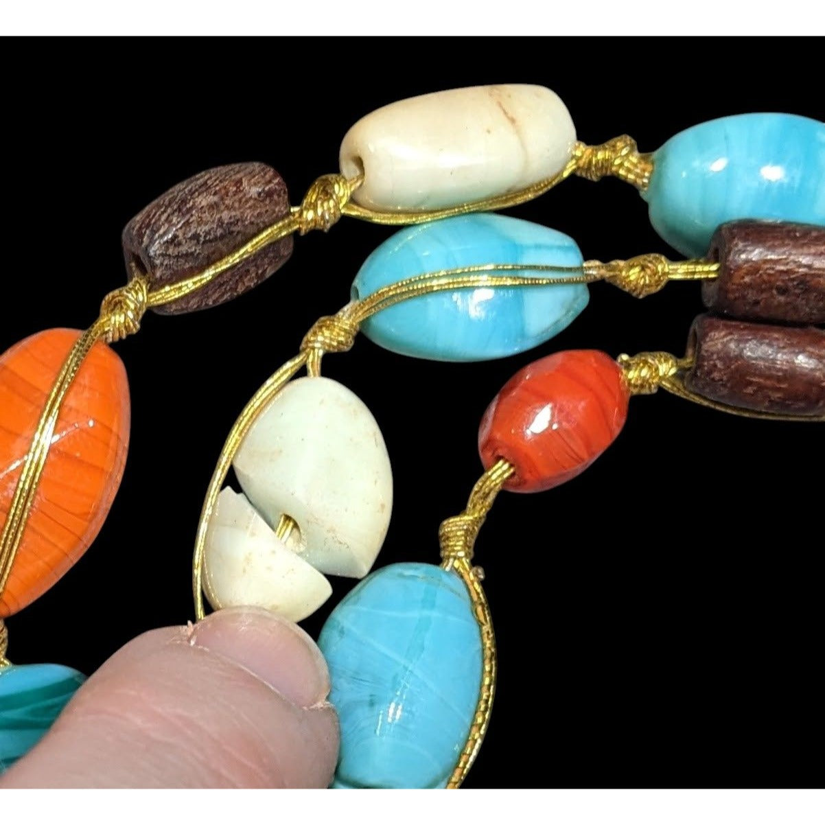 Bohemian Multilayer Blue And Orange Glass And Wood Beaded Necklace