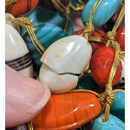 Bohemian Multilayer Blue And Orange Glass And Wood Beaded Necklace