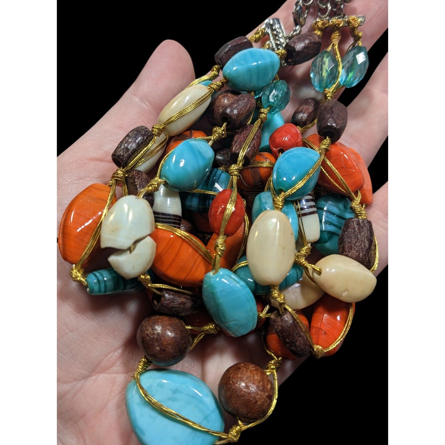 Bohemian Multilayer Blue And Orange Glass And Wood Beaded Necklace