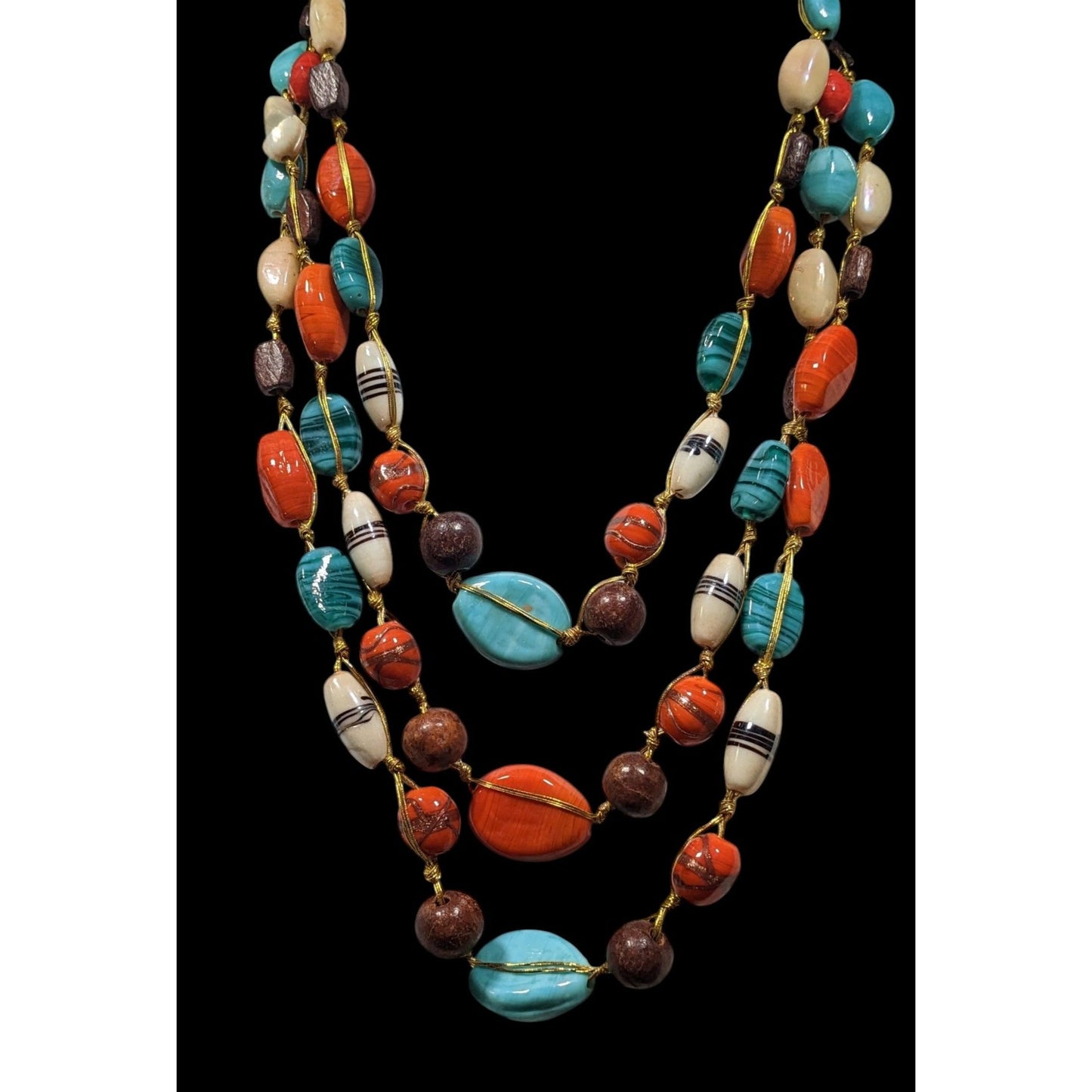 Bohemian Multilayer Blue And Orange Glass And Wood Beaded Necklace