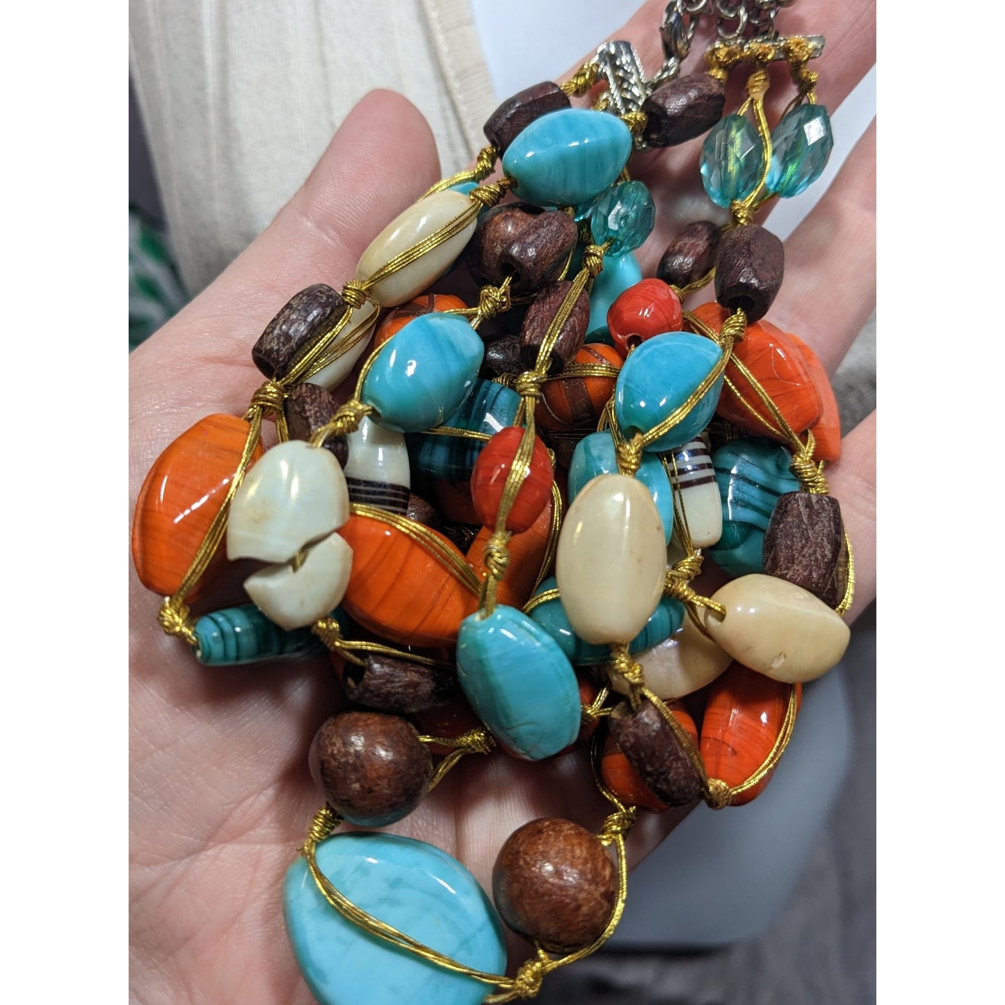 Bohemian Multilayer Blue And Orange Glass And Wood Beaded Necklace