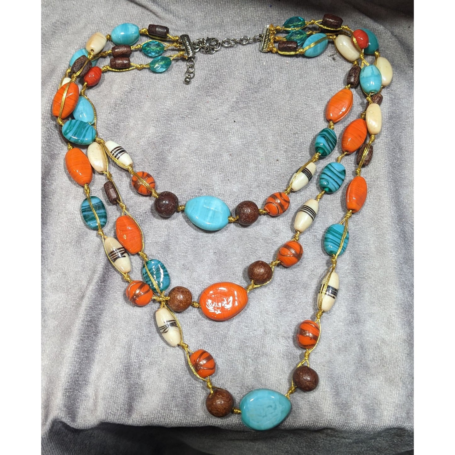 Bohemian Multilayer Blue And Orange Glass And Wood Beaded Necklace