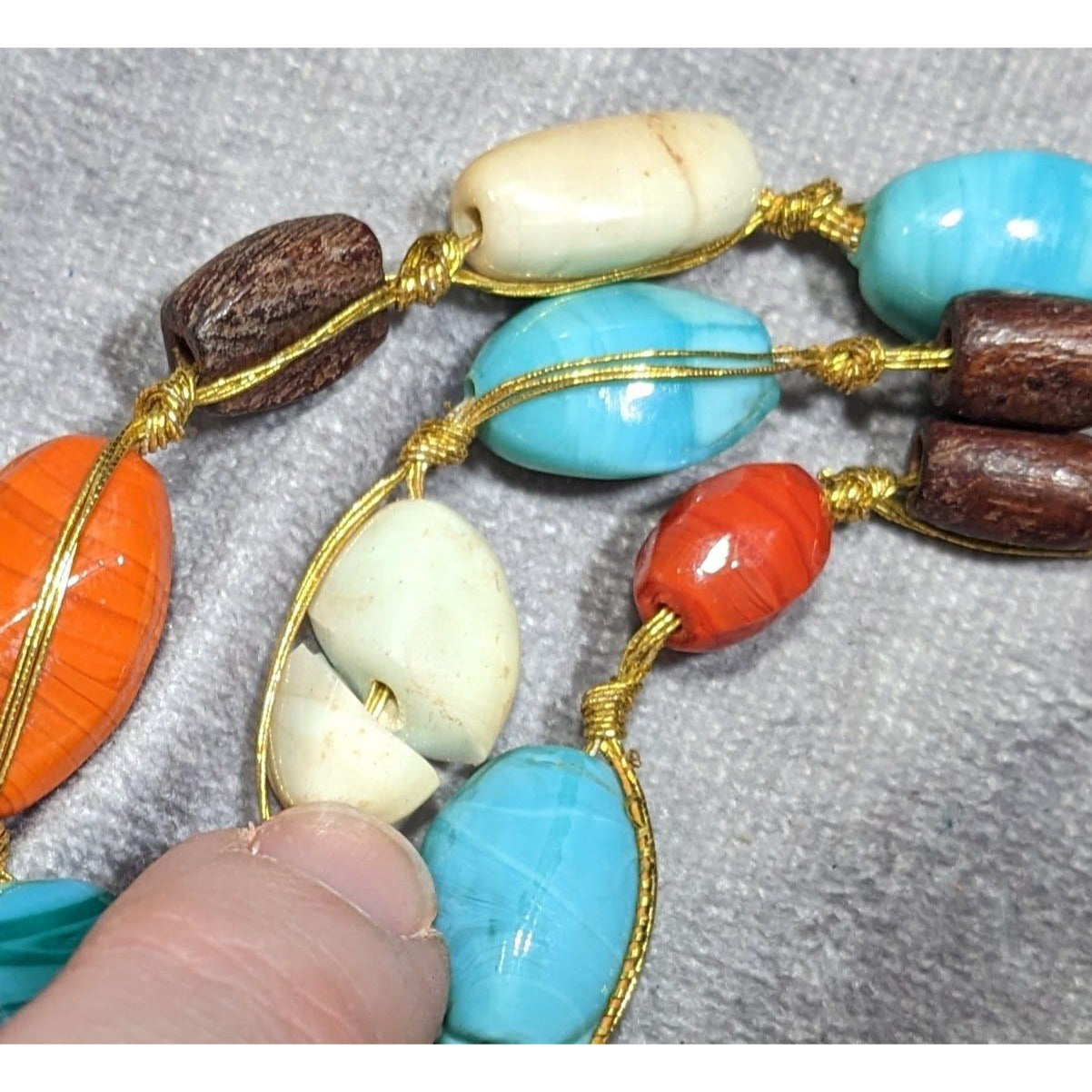 Bohemian Multilayer Blue And Orange Glass And Wood Beaded Necklace