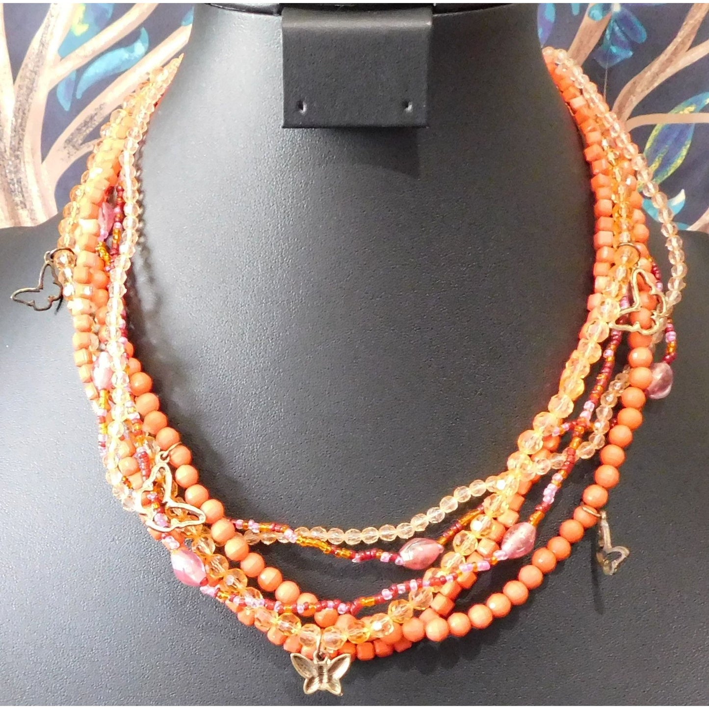 Fairycore Pink And Orange Butterfly Multistrand Necklace