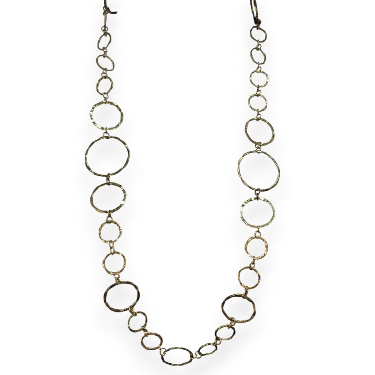 Boho Artisan Hammered Gold Tone Open Circle Link Necklace 28 Inch