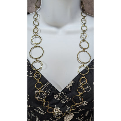 Boho Artisan Hammered Gold Tone Open Circle Link Necklace 28 Inch