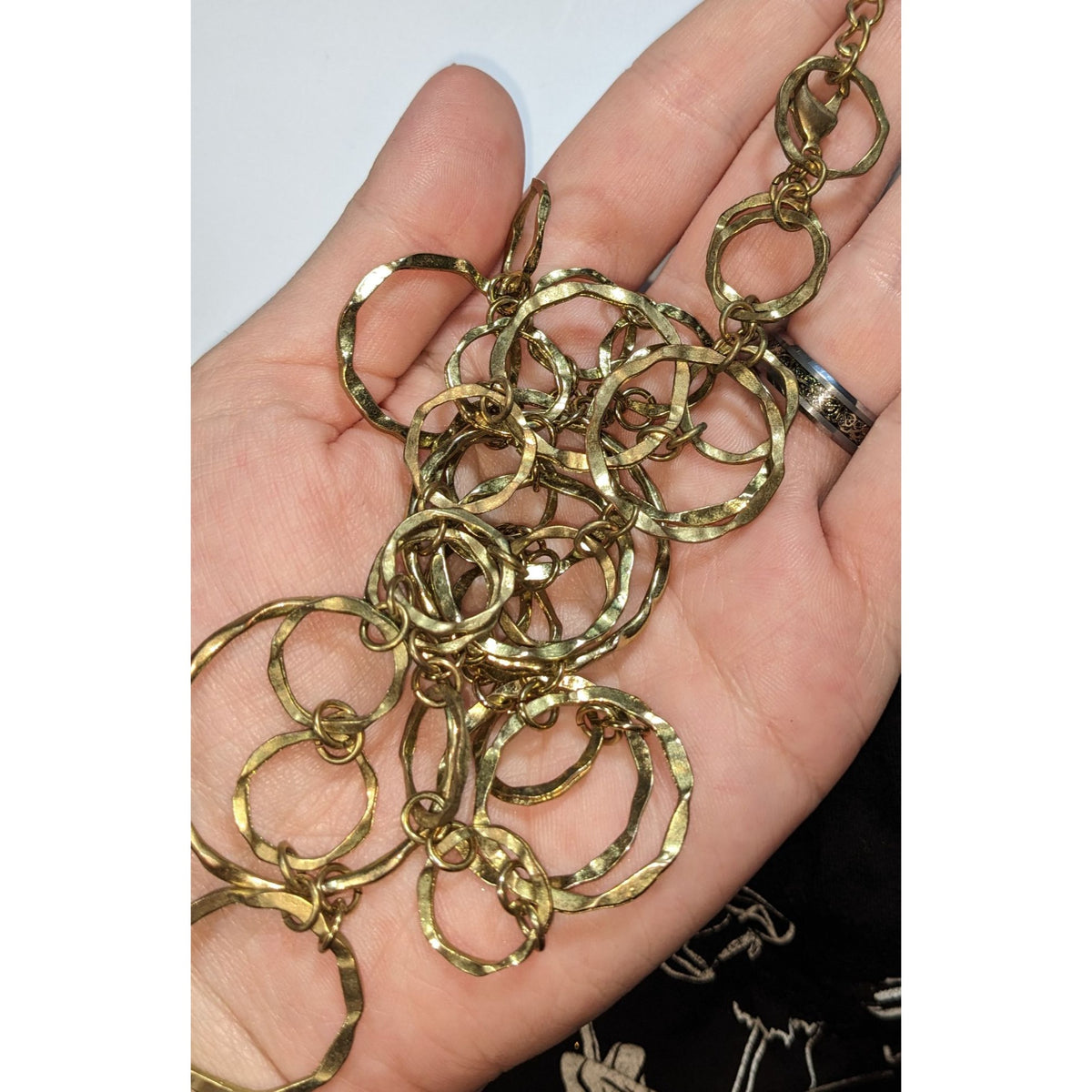 Boho Artisan Hammered Gold Tone Open Circle Link Necklace 28 Inch